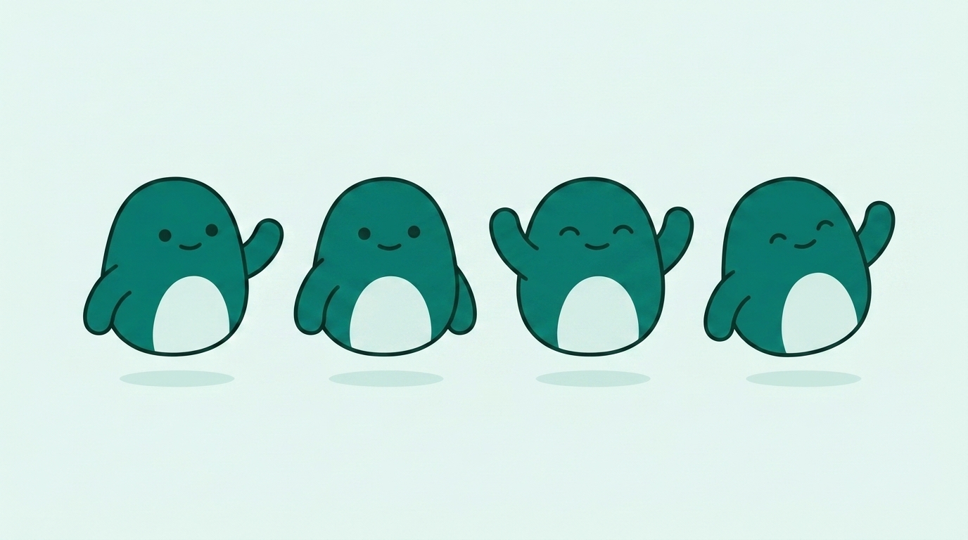 The canonical companion sheet: four poses of a rounded teal creature on a pale mint background